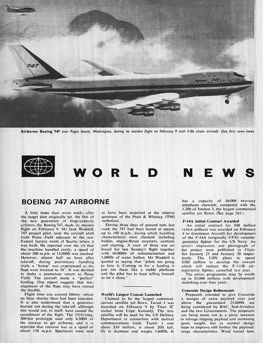 Reporte de prensa sobre el primer vuelo del Boeing B-747