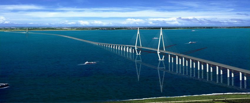 El largo Puente de Bahía de Hangzhou vista aérea